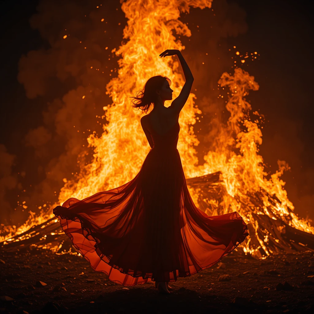 Silhouette d’une femme dansant devant un feu de joie ardent