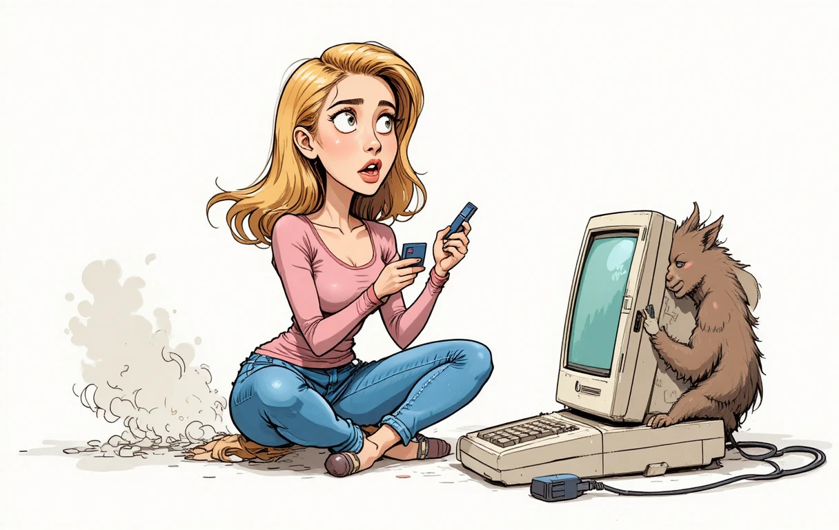 Mädchen spielt mit felliger Kreatur an altem Computer