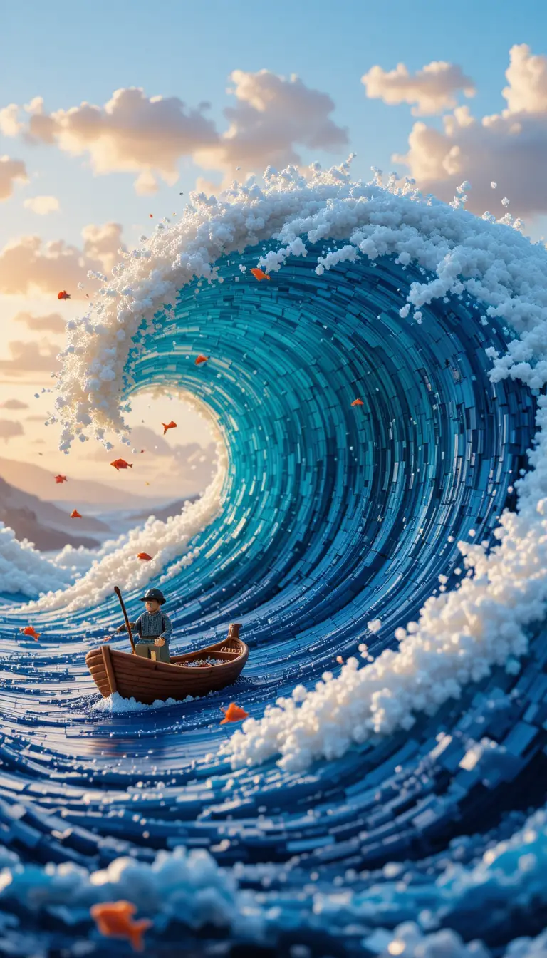 Lego-Ozean-Tsunami ragt über kleinem Fischerboot auf