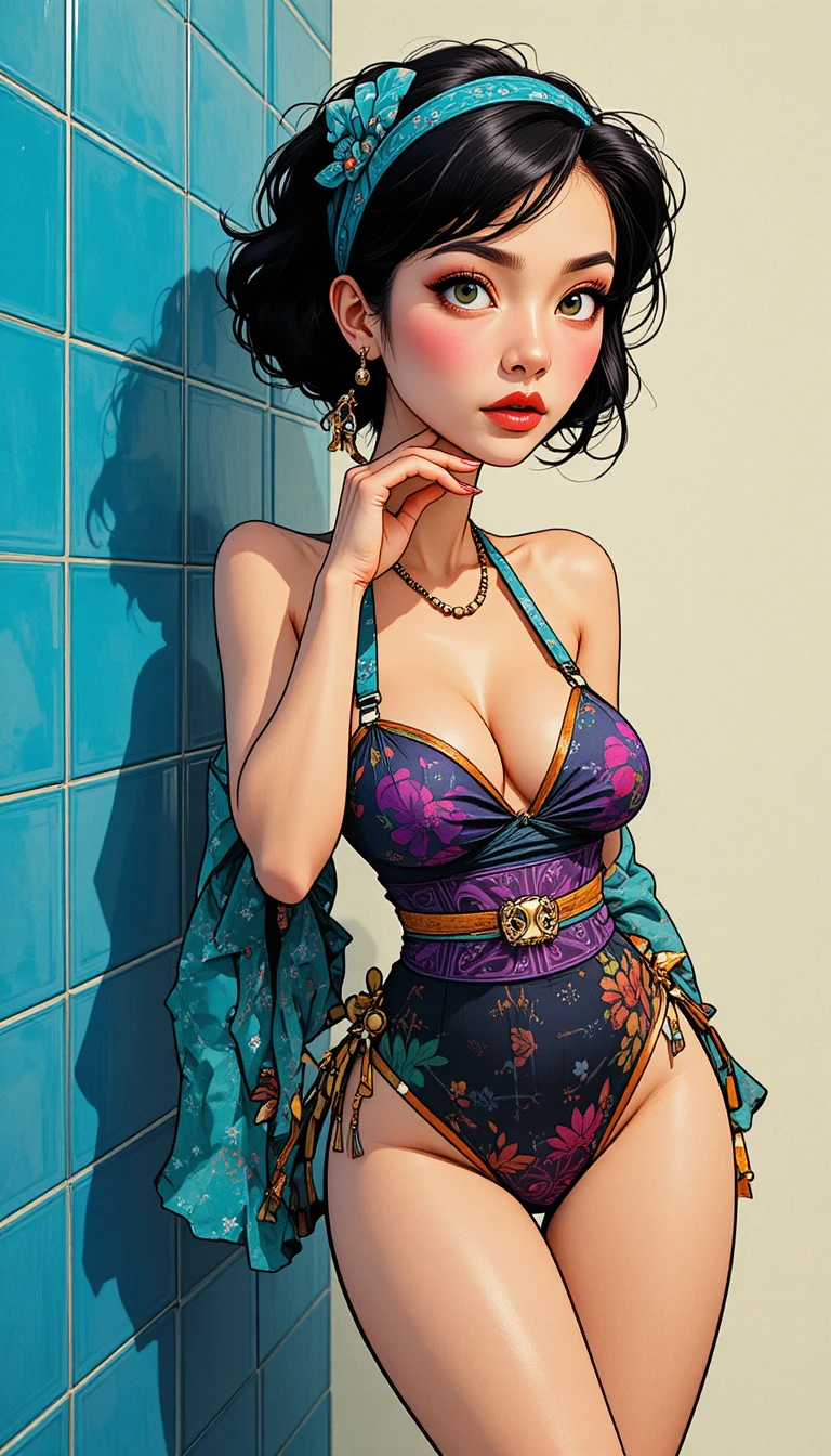 Mulher japonesa em quimono em camadas com anéis dourados