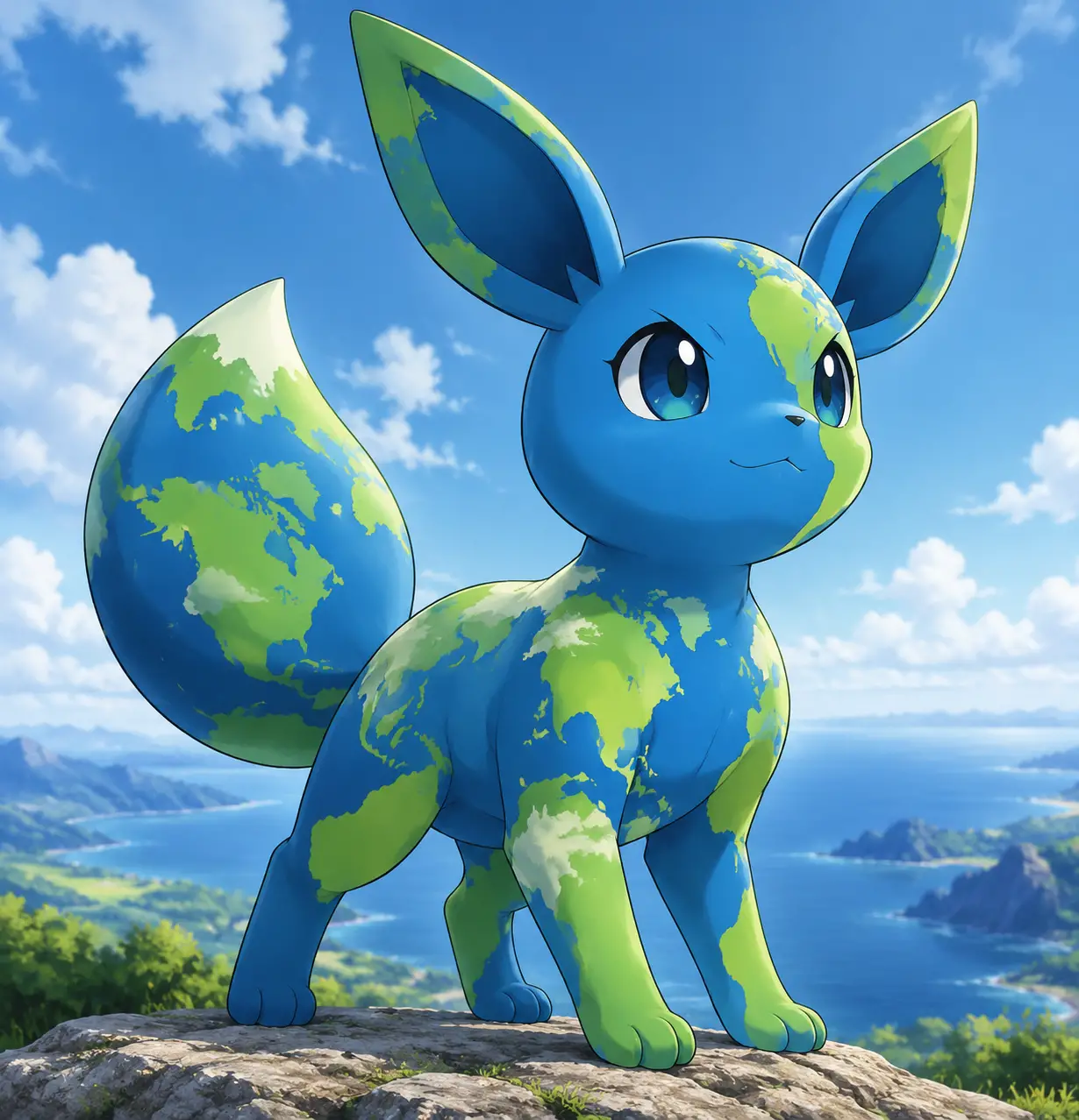 Eevee like earth creature with blue and green continents skin