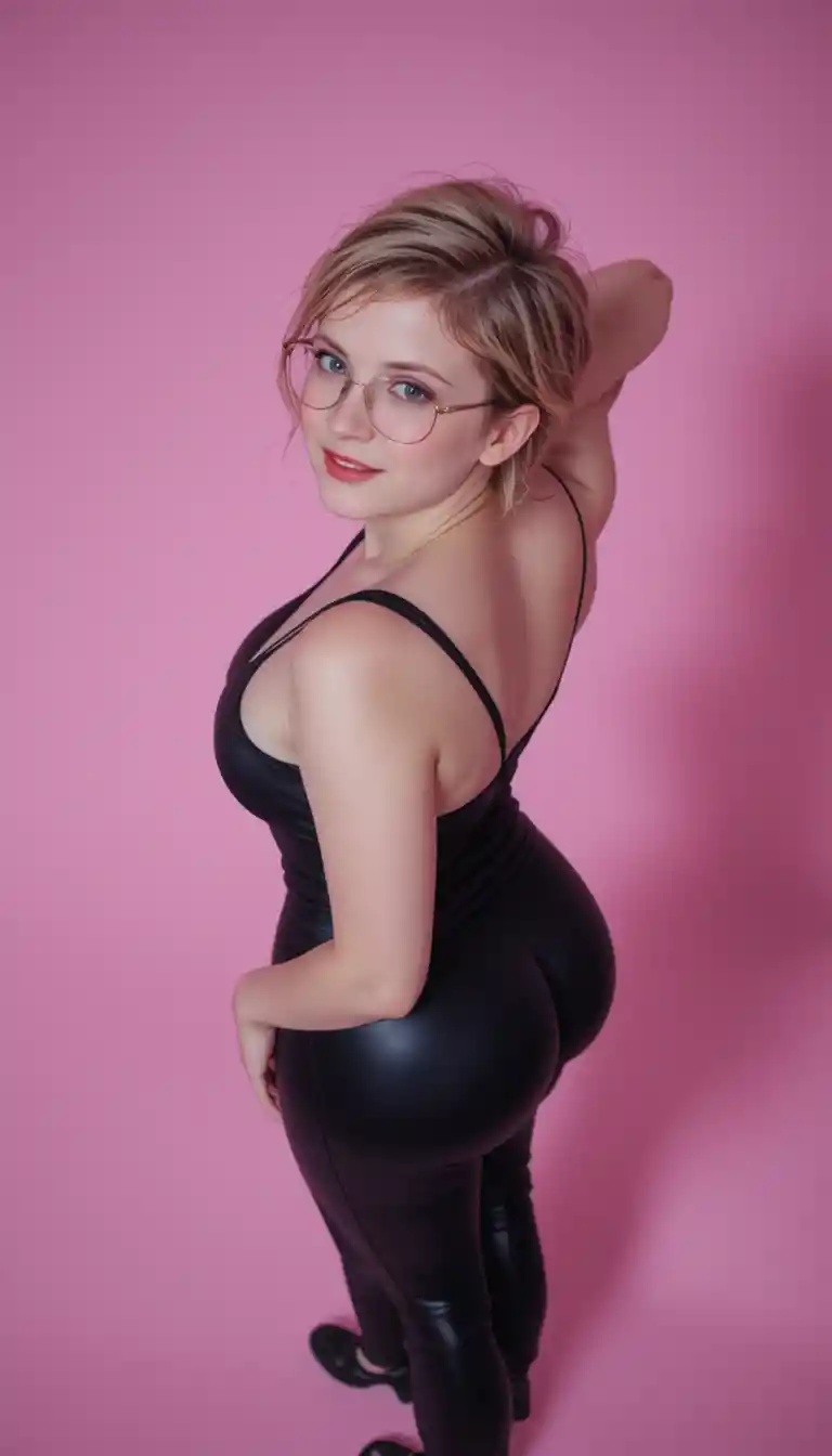 Athletic blonde woman posing in black outfit from above