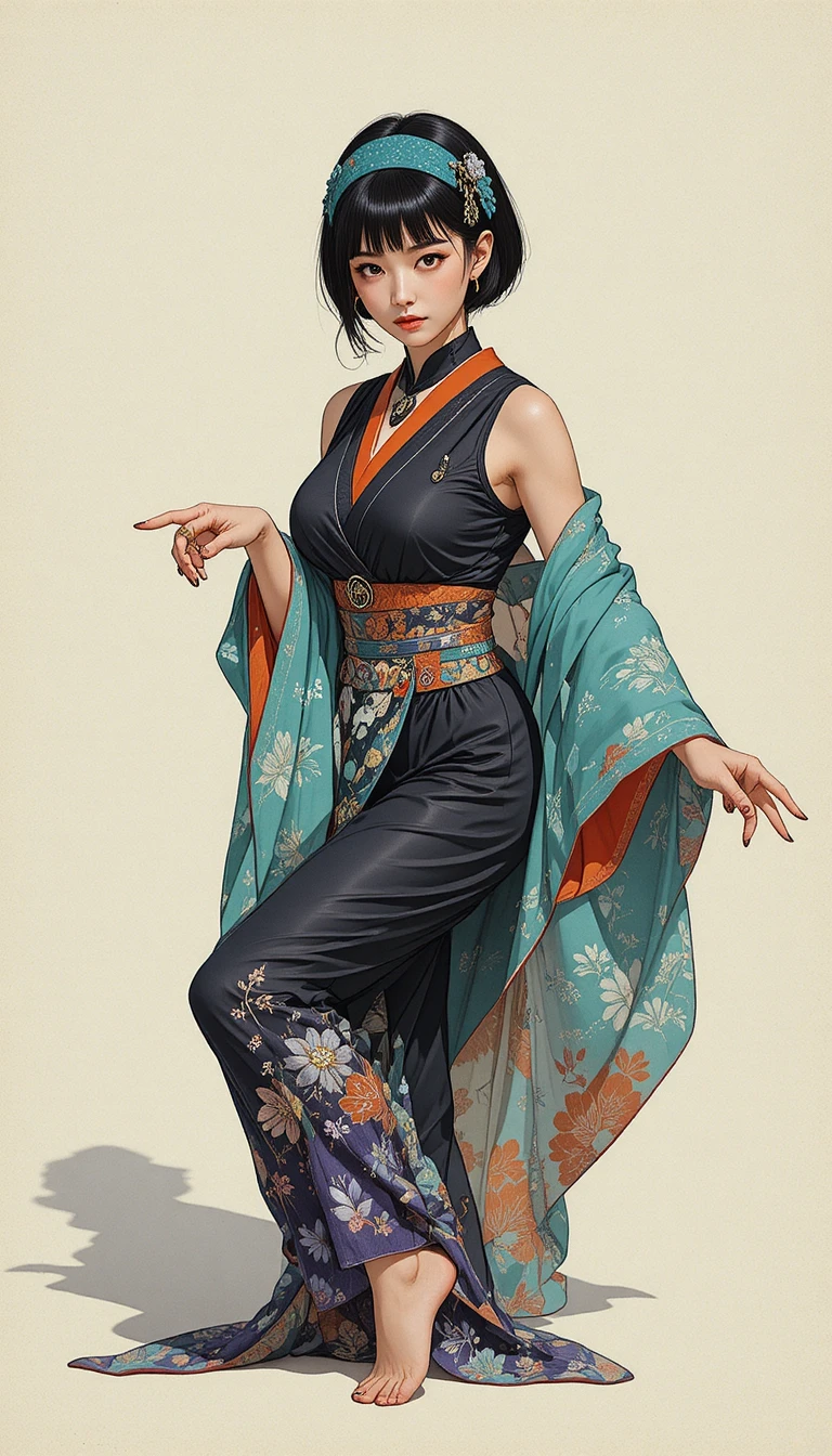 Elegante japanische Frau im geschichteten Kimono mit goldenen Ringen