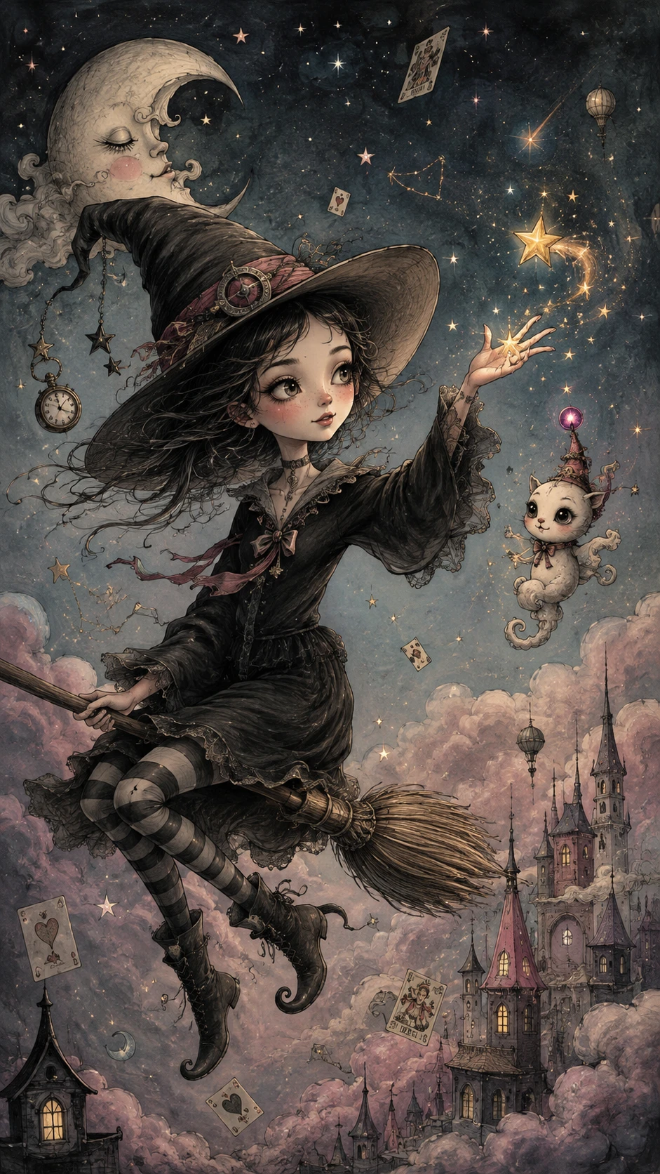 Apprentice witch gliding through a surreal night sky