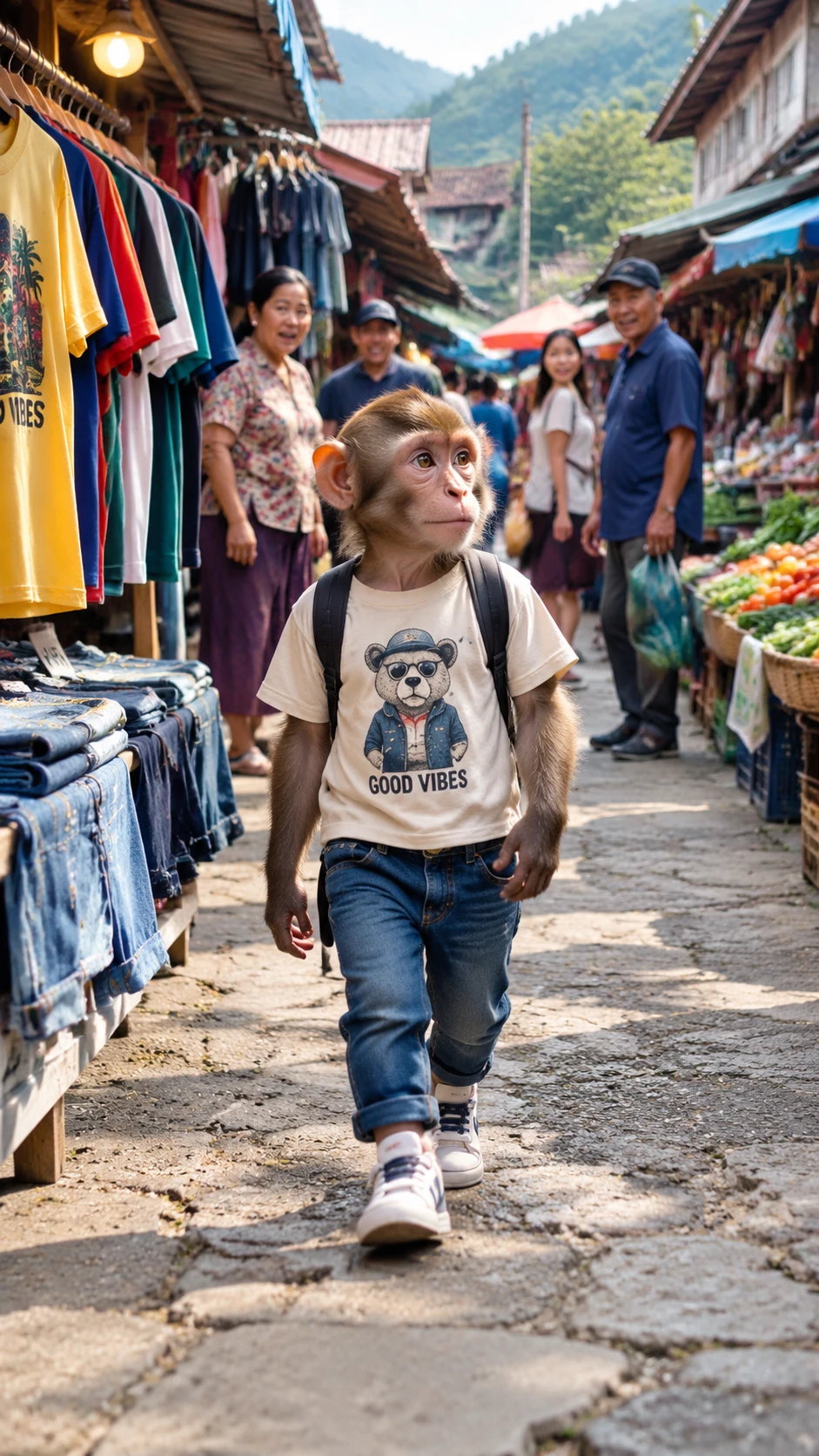 Affe in Menschenkleidung geht über Dorfmarkt
