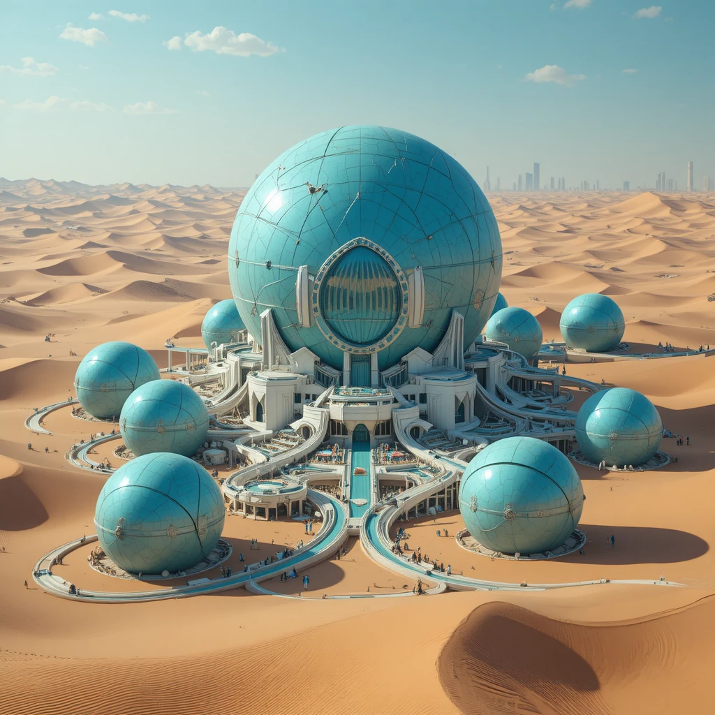 Cidade futurista no deserto com esferas azul-marinho entre dunas douradas