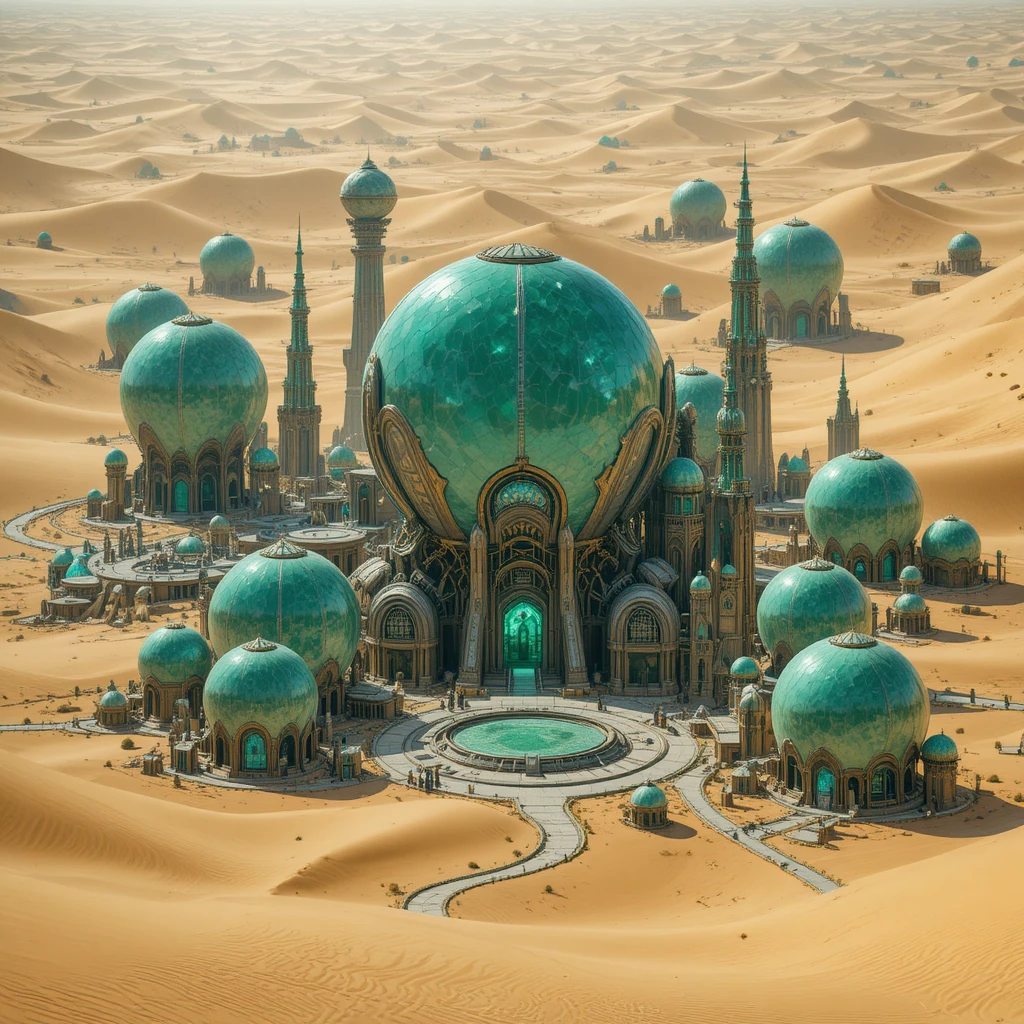 Ville futuriste dans le désert aux sphères de péridot polies et dunes