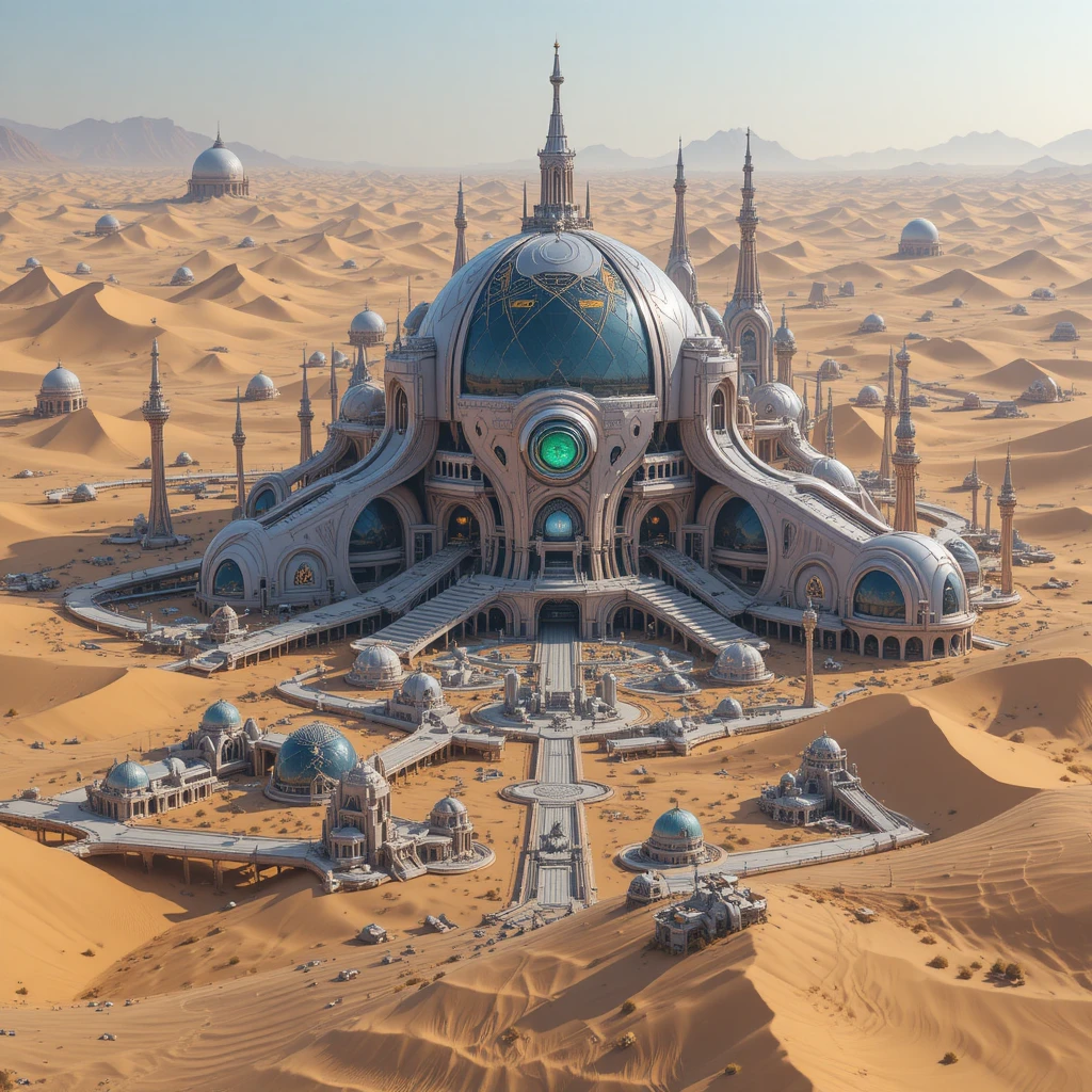 Cidade futurista no deserto com estruturas esféricas polidas