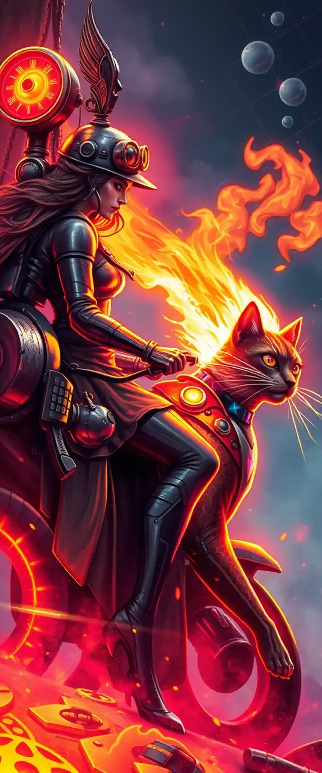 Neon steampunk dreamscape with woman riding flaming metal cat