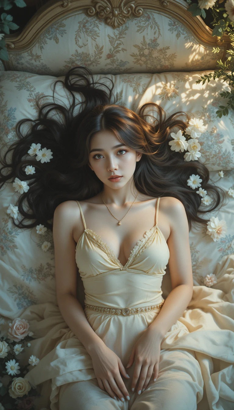沐浴在溫暖金色光線中的華麗床上年輕女子