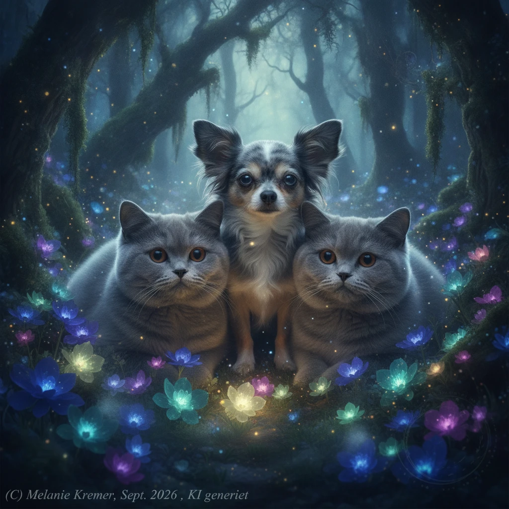 Verzauberte Waldkatzen mit Chihuahua zwischen leuchtenden Blumen