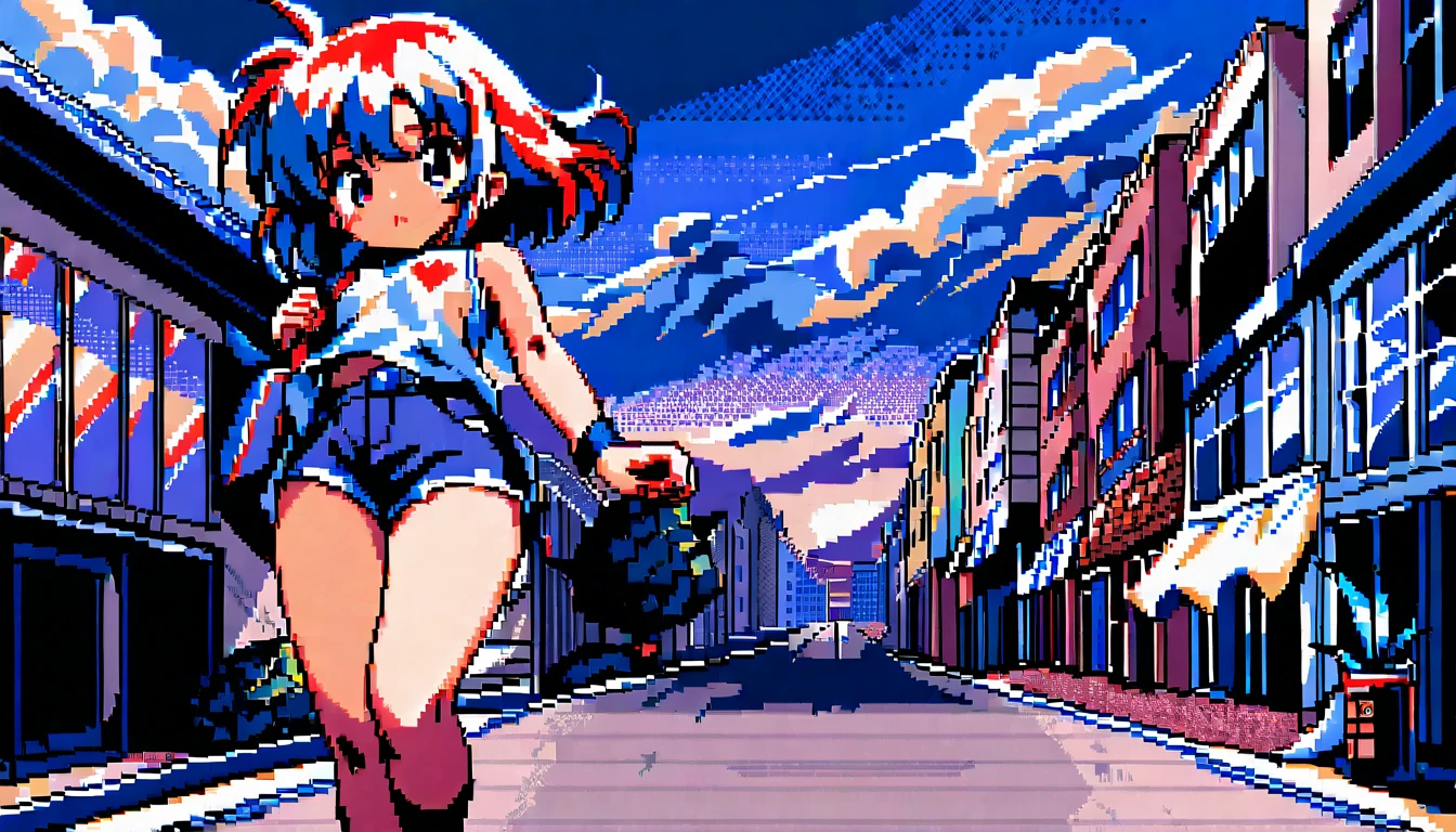 Garota em pixel art caminhando por uma rua tranquila da cidade