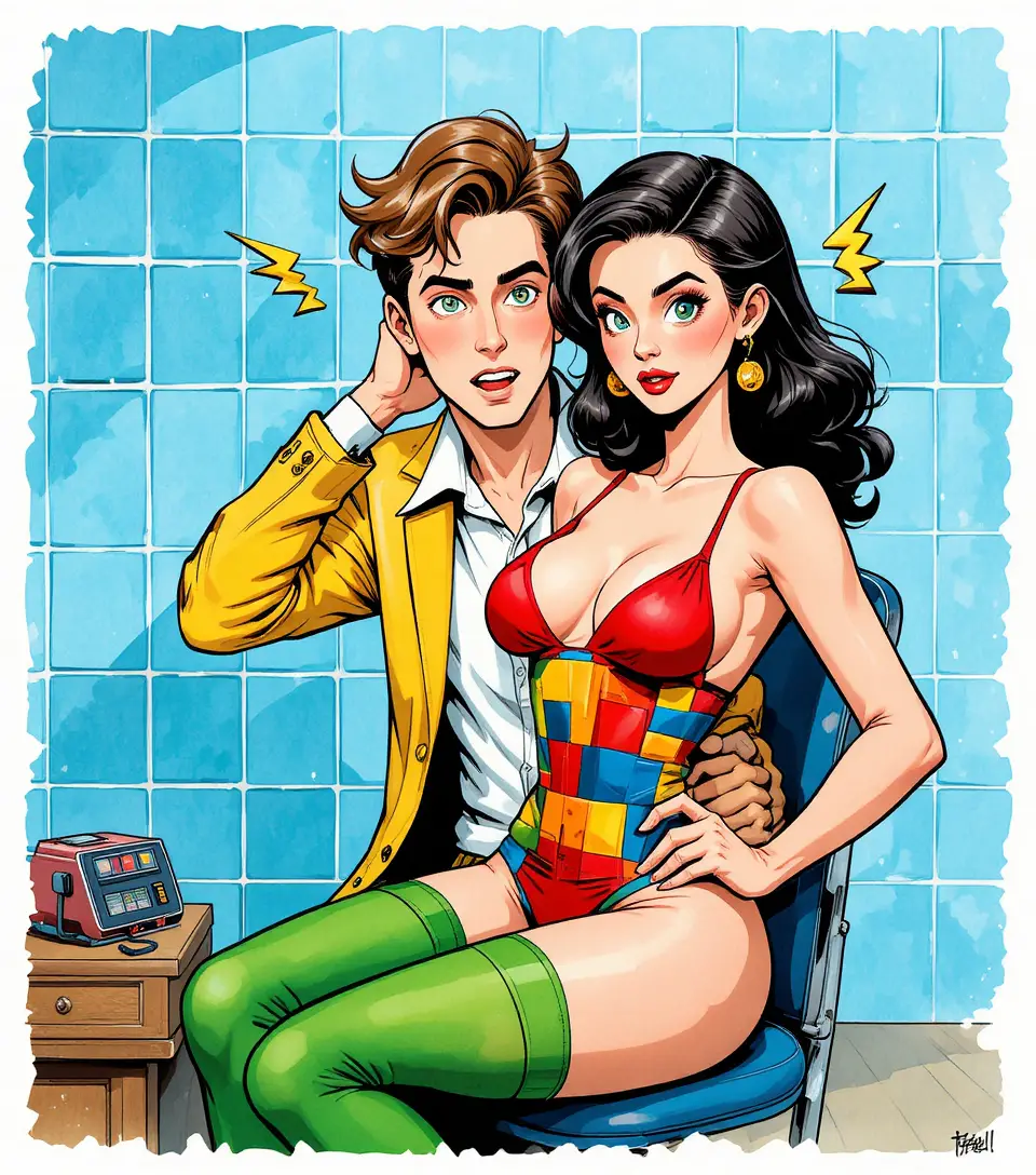 辦公桌前腿上坐著女人的慌張男子