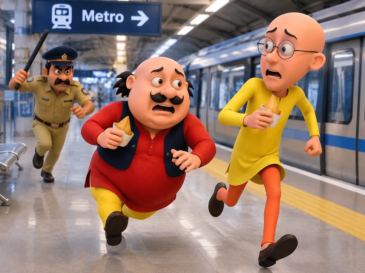 Cartoon friends eating samosas together at a busy metro station
