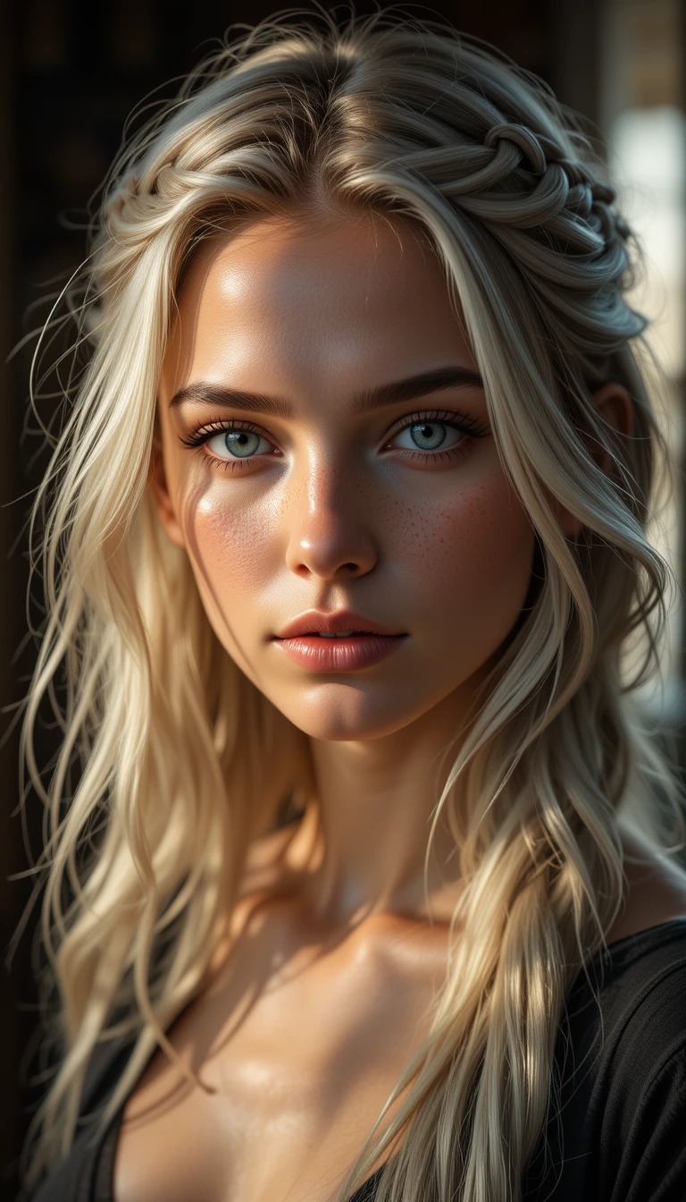 Mulher sardenta com cabelo branco acinzentado à luz morna do sol