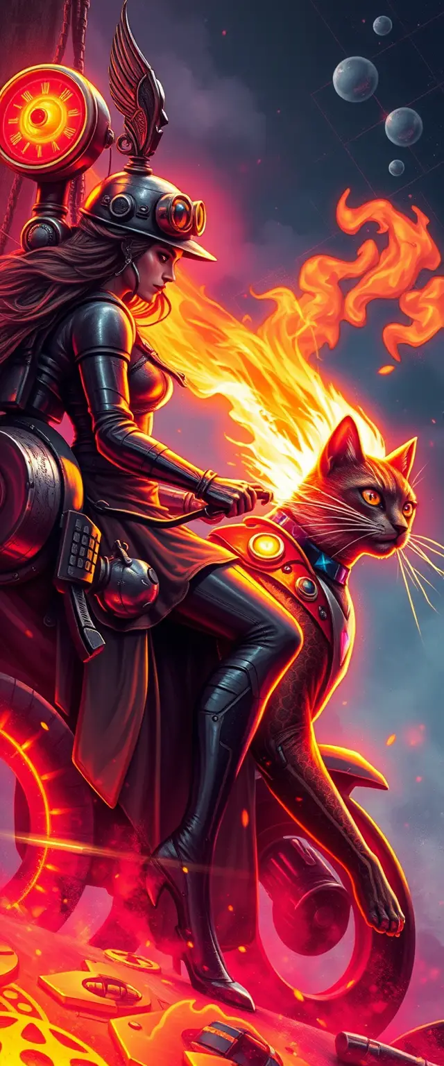 Sogno steampunk al neon con donna che cavalca un gatto metallico in fiamme