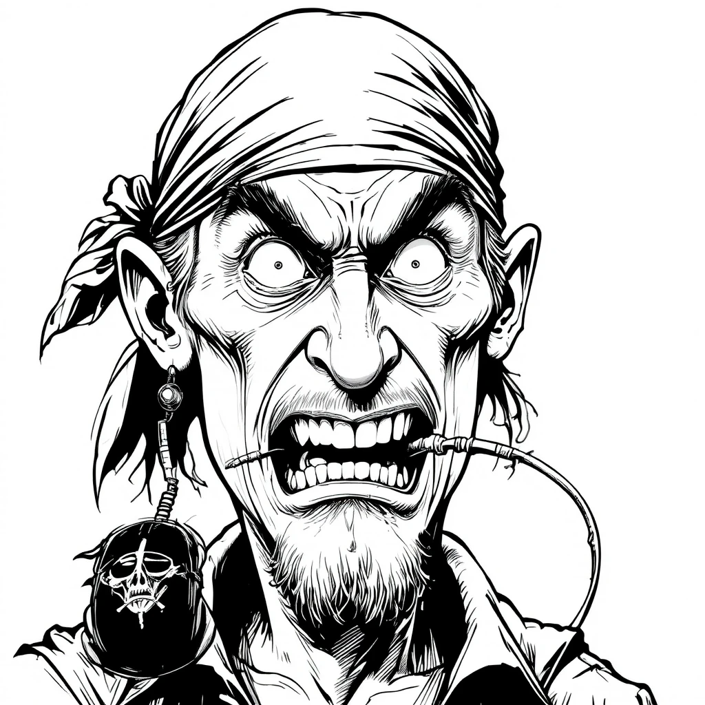 Gros plan intense d’un pirate mordant le câble d’une souris d’ordinateur