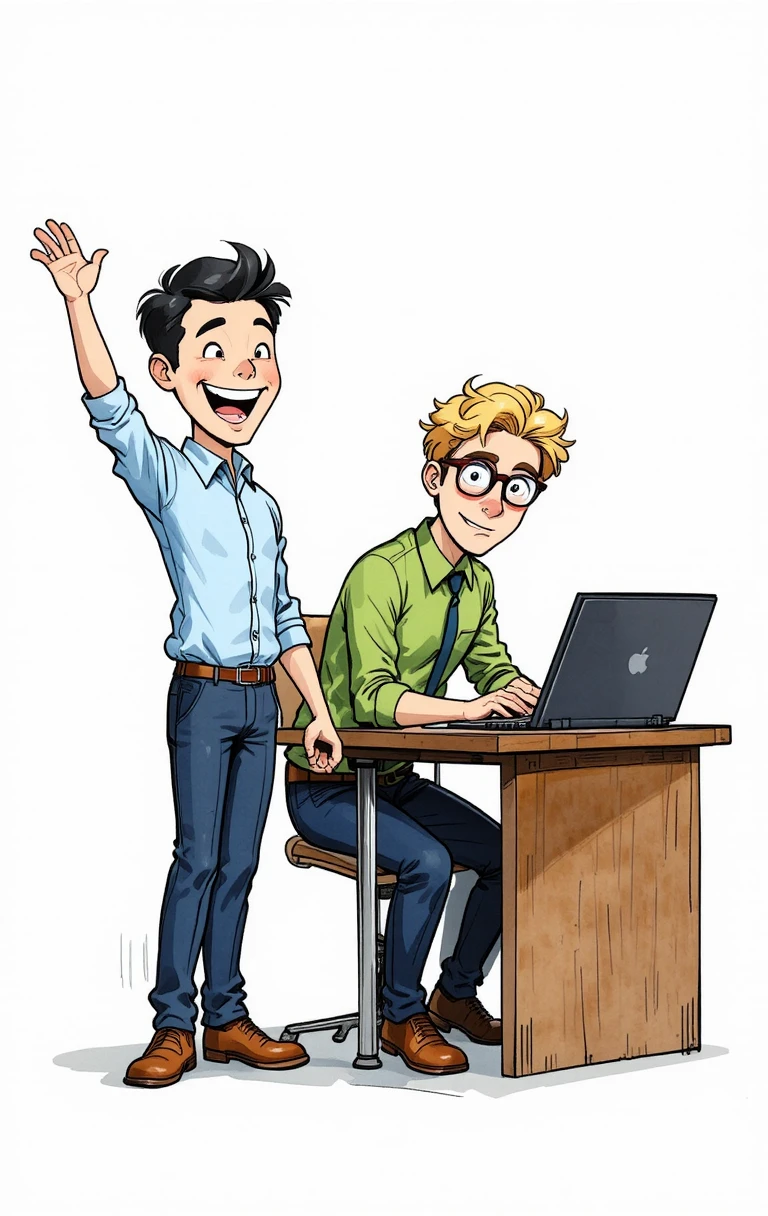 Cena de escritório em desenho animado com dois homens na mesa