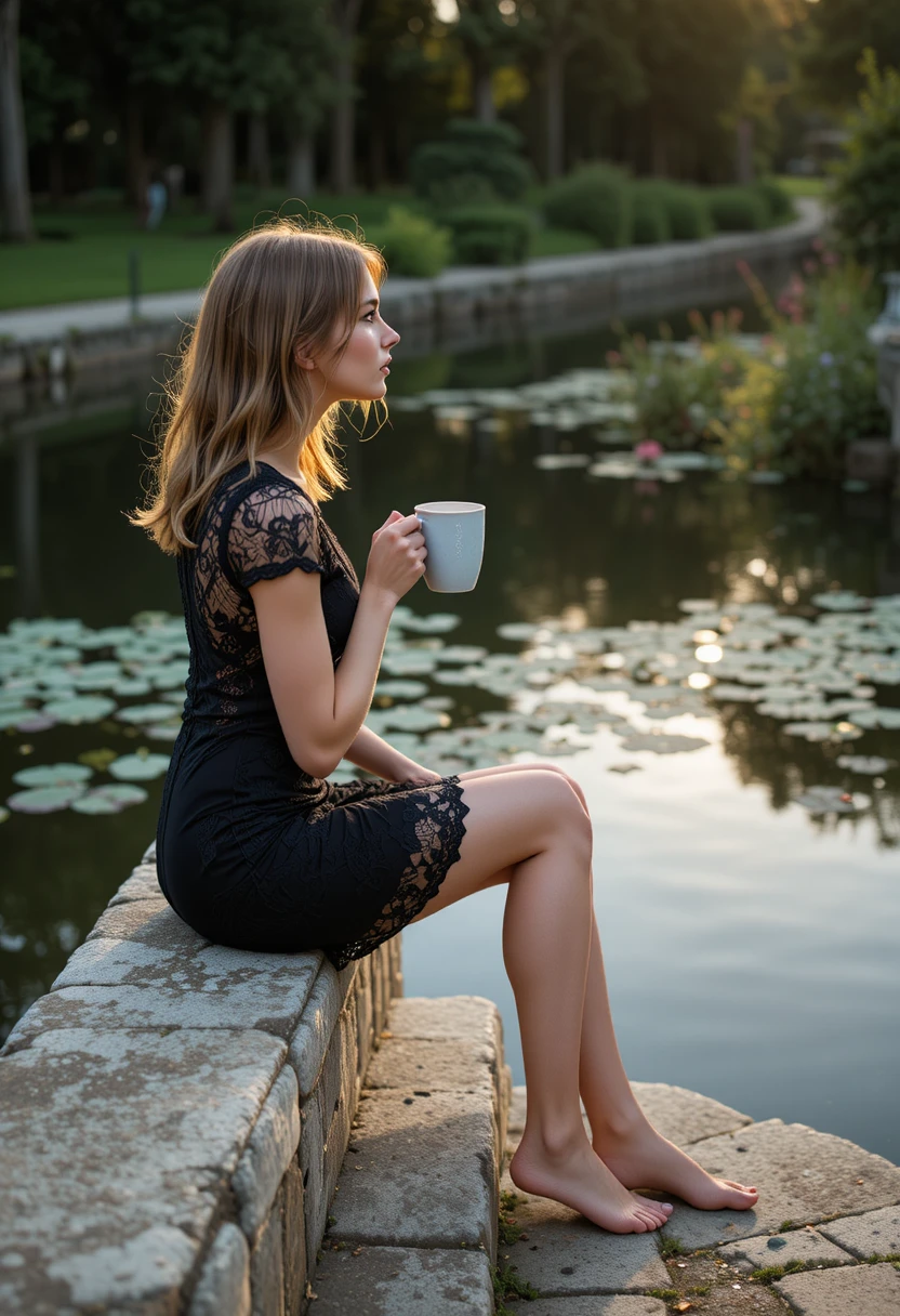 Frau auf Steinstufen an einem Kanal bei Sonnenaufgang