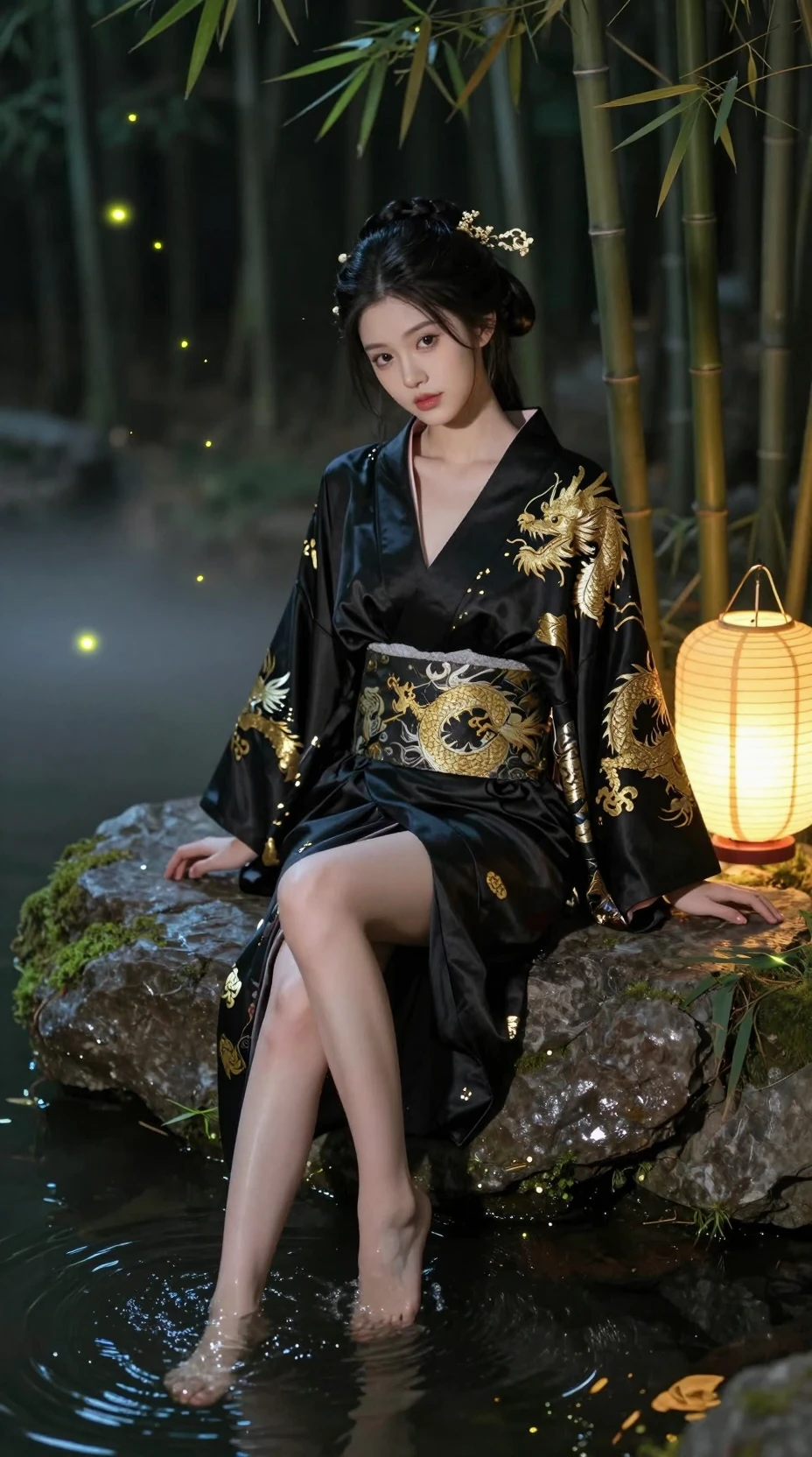 Ragazza elegante in kimono nero accanto a uno stagno nel bosco illuminato dalle lanterne
