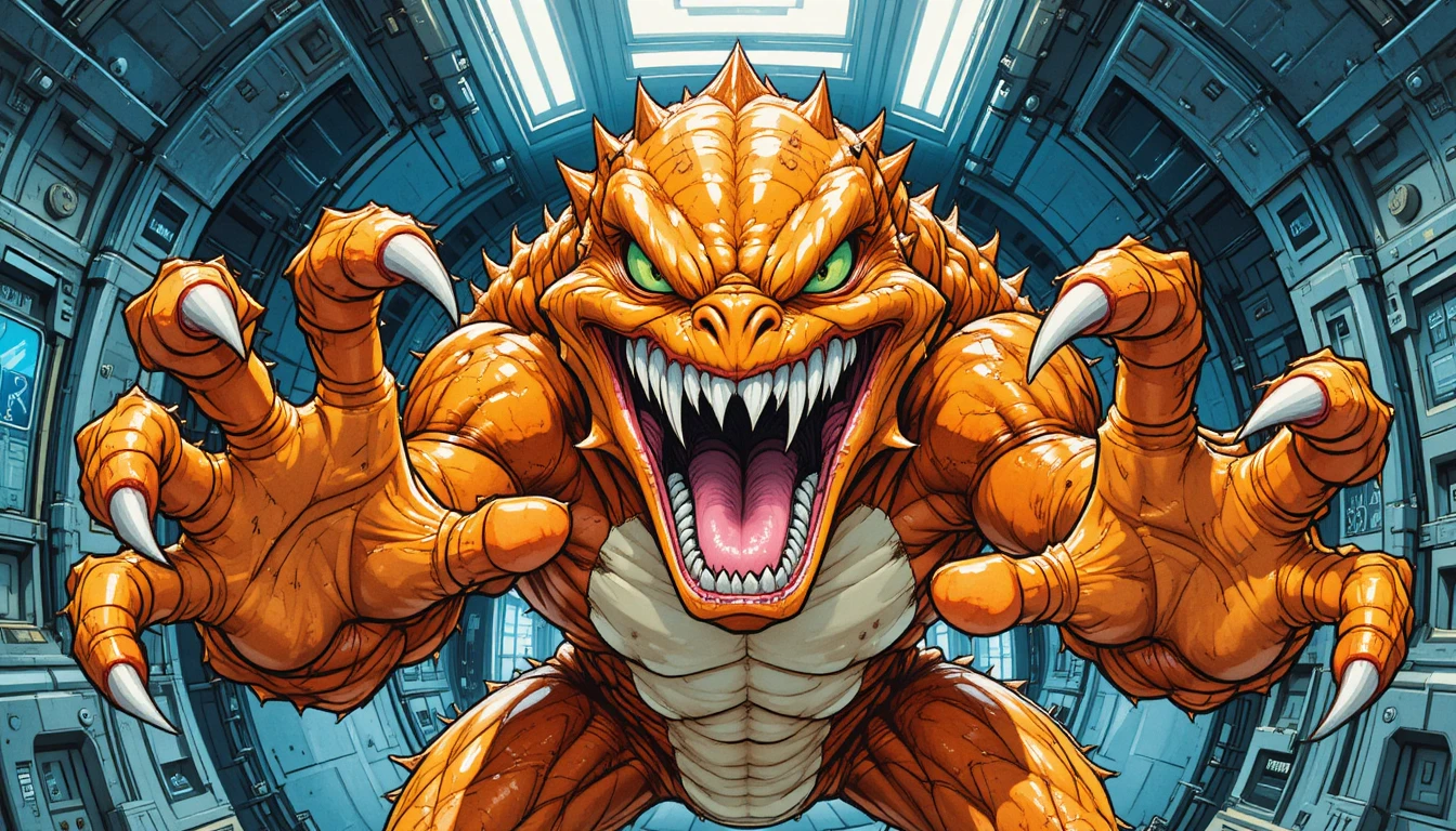 Monstro de desenho animado avançando em interior sci-fi metálico