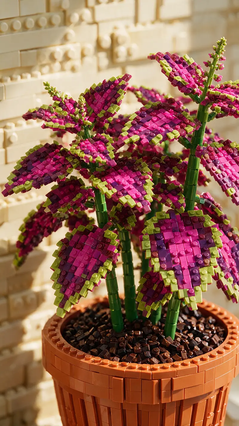 Makroansicht einer aus Bausteinen gebauten Coleus-Pflanze im Topf