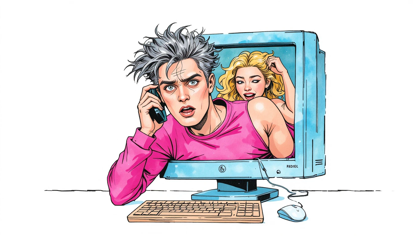 Homem estressado ao telefone com mulher surreal saindo do monitor