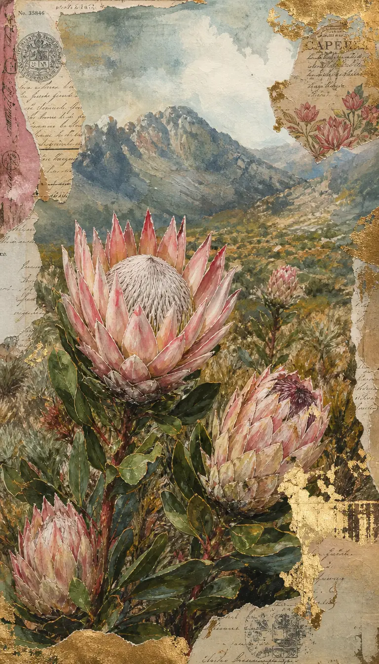 普羅蒂亞花與仿舊金色點綴的花卉拼貼畫