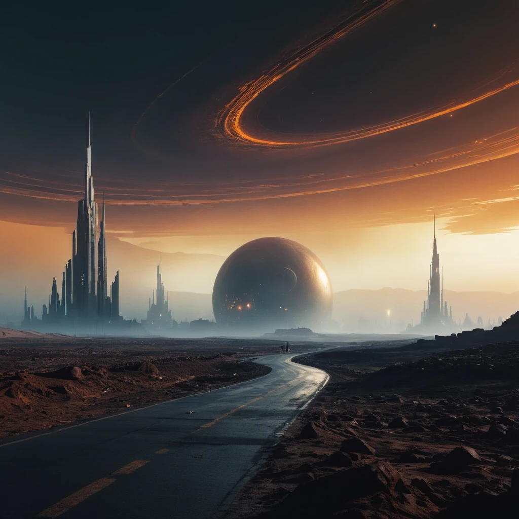 Ampia vista cinematografica di un silenzioso spazioporto futuristico