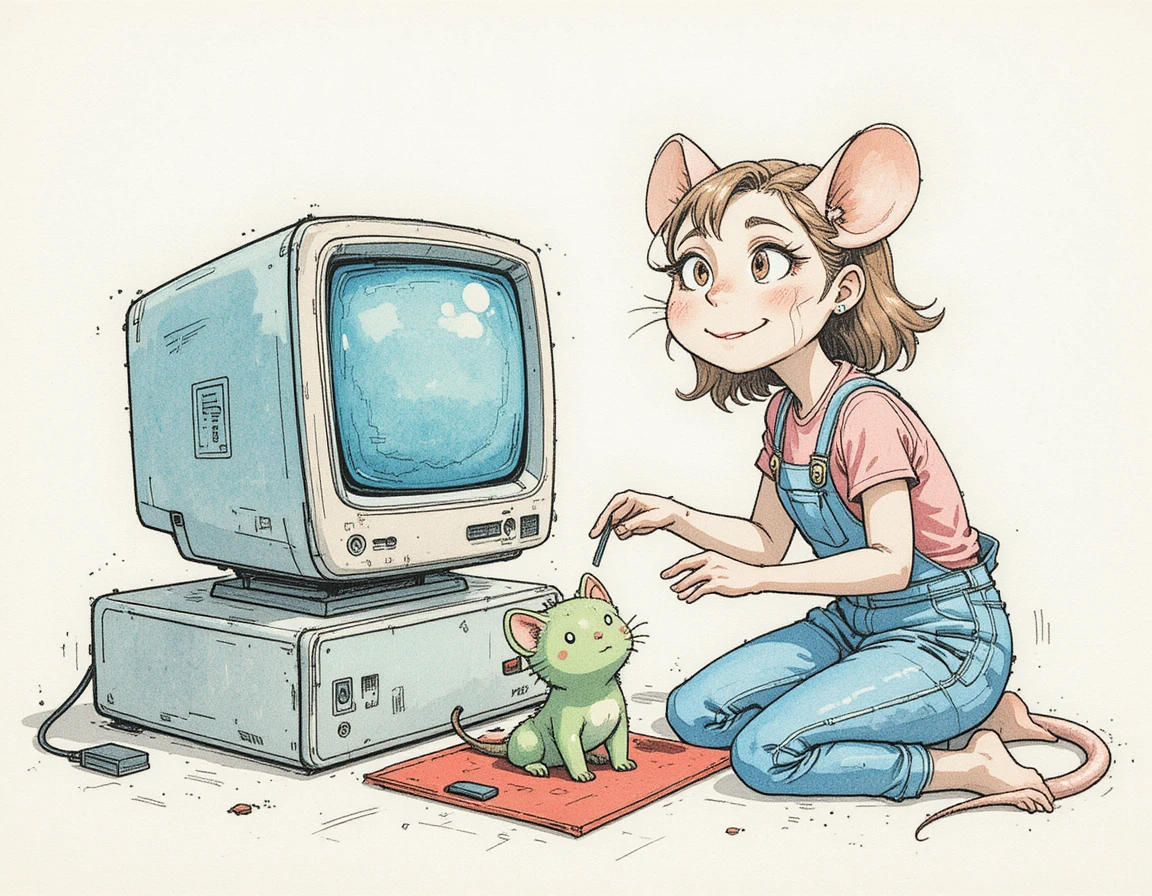 Garota jogando com criatura peluda em frente a computador antigo