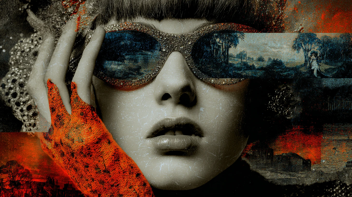 Mulher glamourosa surreal com óculos de sol excêntricos em paisagem onírica
