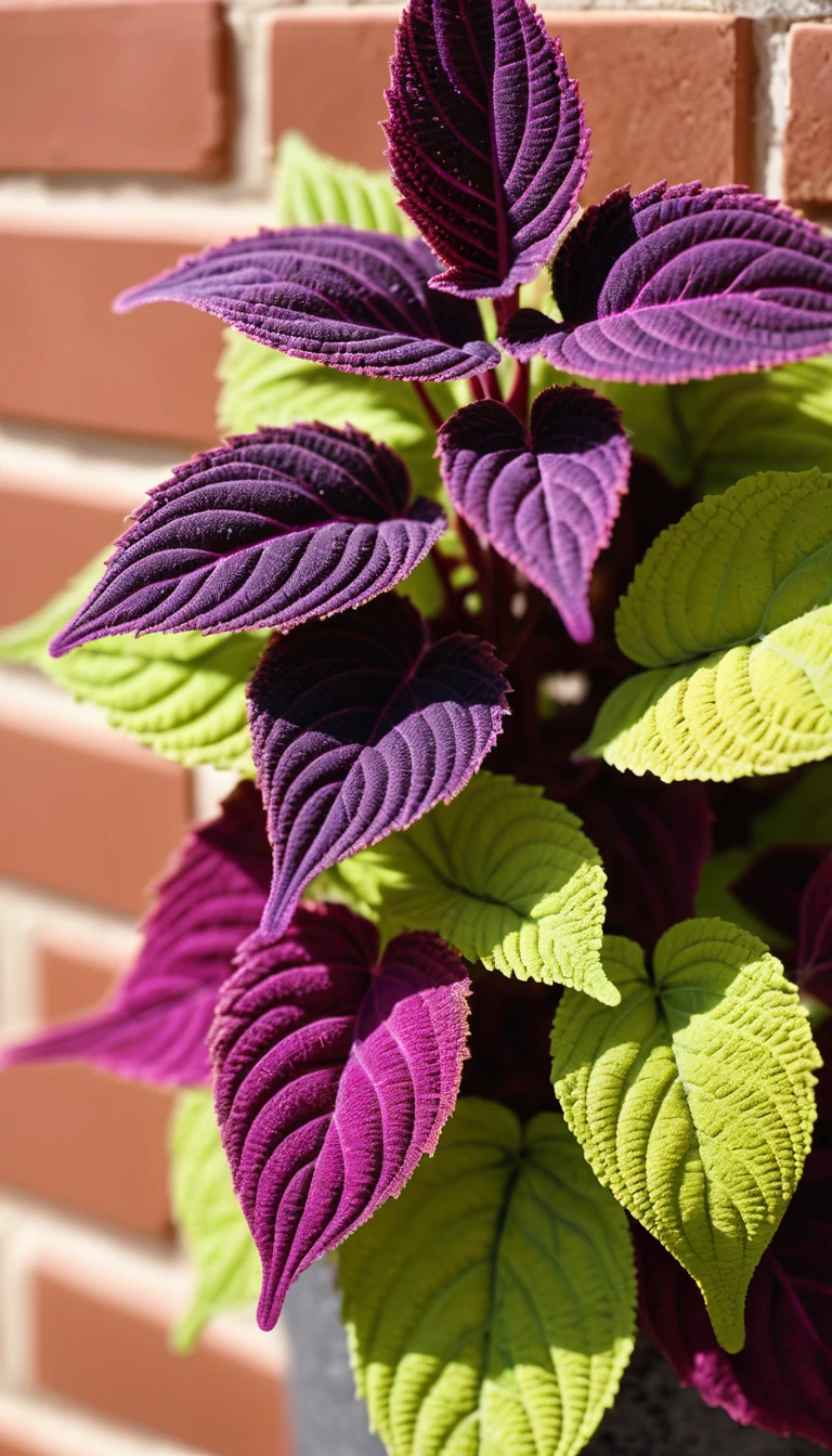 Makroansicht eines Coleus aus Kunststoffbausteinen in einer Topfdekoration