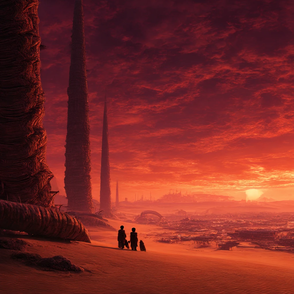 Futuristic desert world with towering ships and sandworms