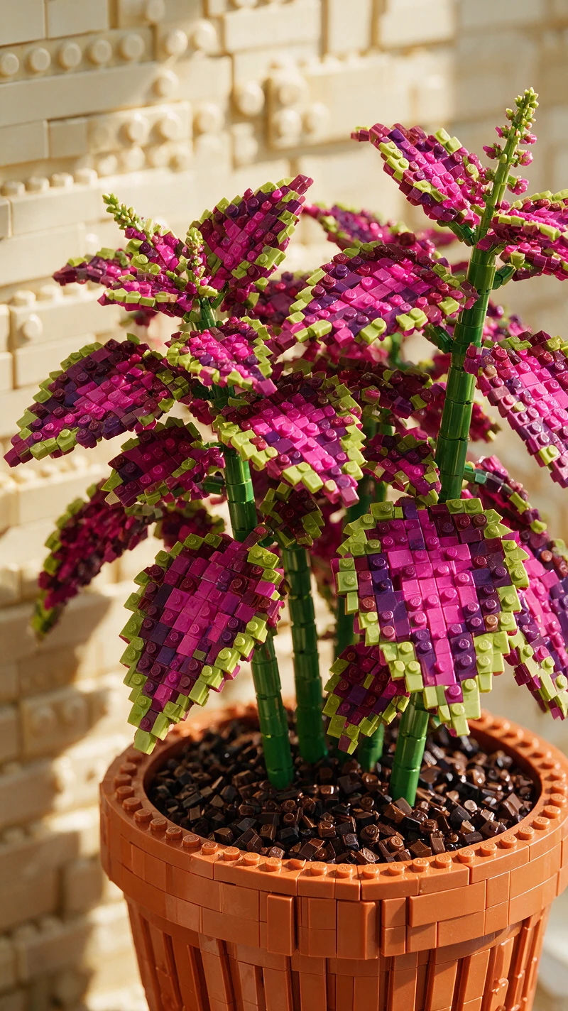 Makroansicht einer aus Bausteinen gebauten Coleus-Pflanze im Topf
