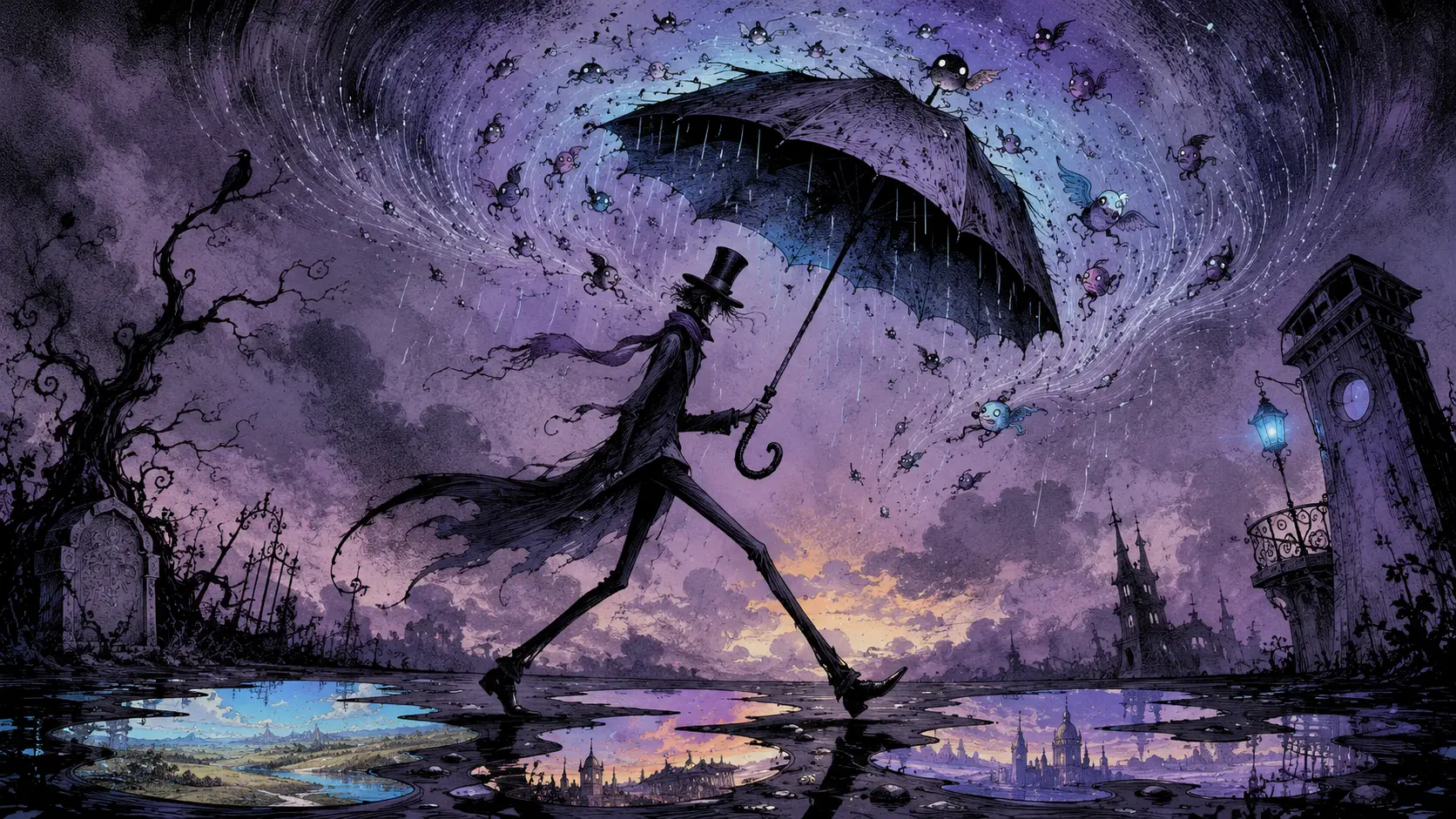 Elongated figure with umbrella in a surreal storm scene