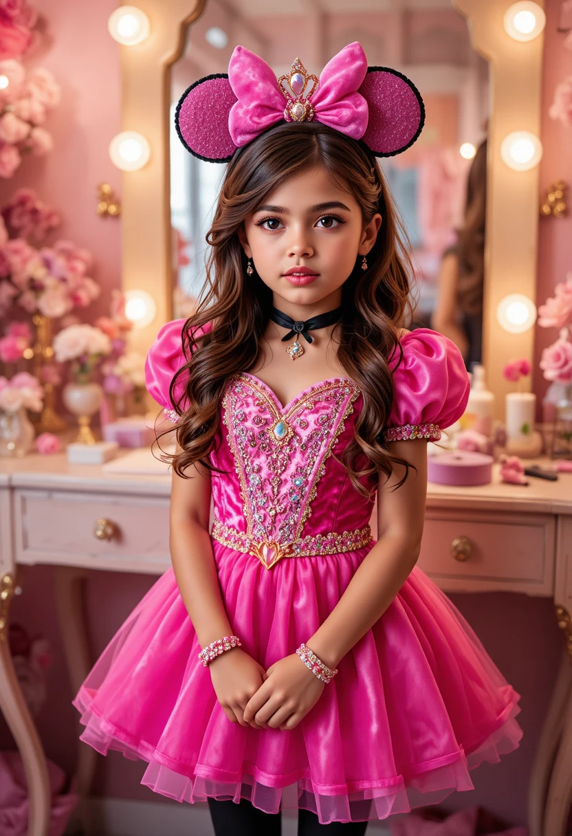 Menino pré-adolescente com vestido da Minnie posando diante da penteadeira