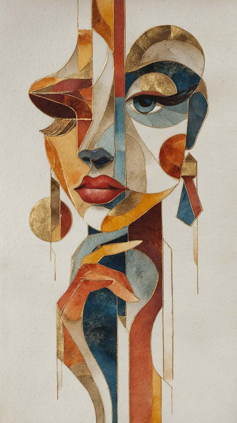 Portrait cubiste de femme au visage fragmenté et à la main gracieuse