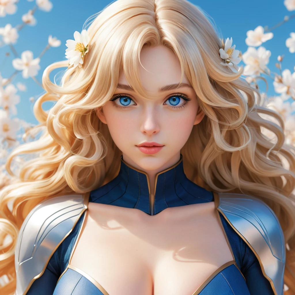 Femme anime séduisante aux yeux bleus sur fond floral