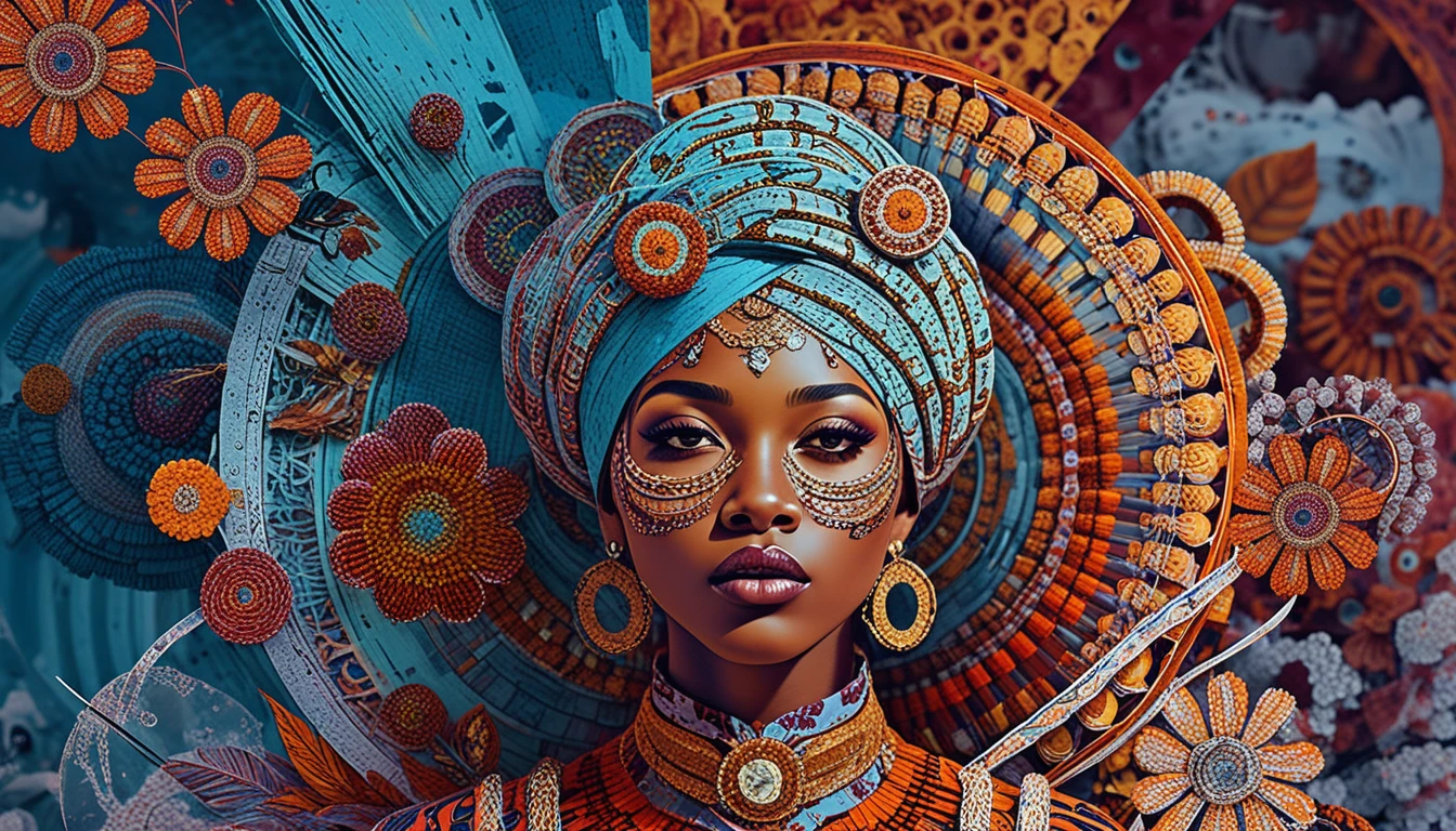 Retrato digital surreal de uma mulher em colagem punk rococó