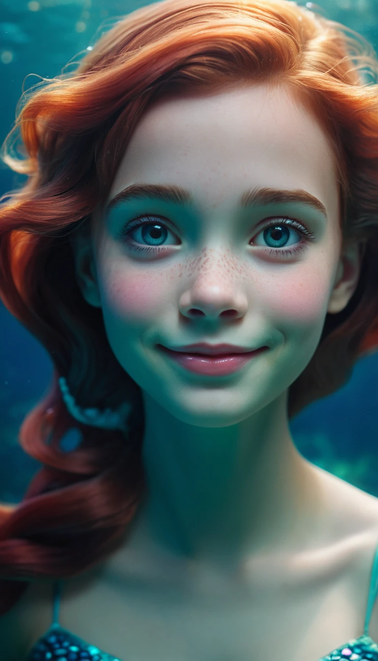 Retrato de uma linda pequena sereia em um colorido mundo subaquático