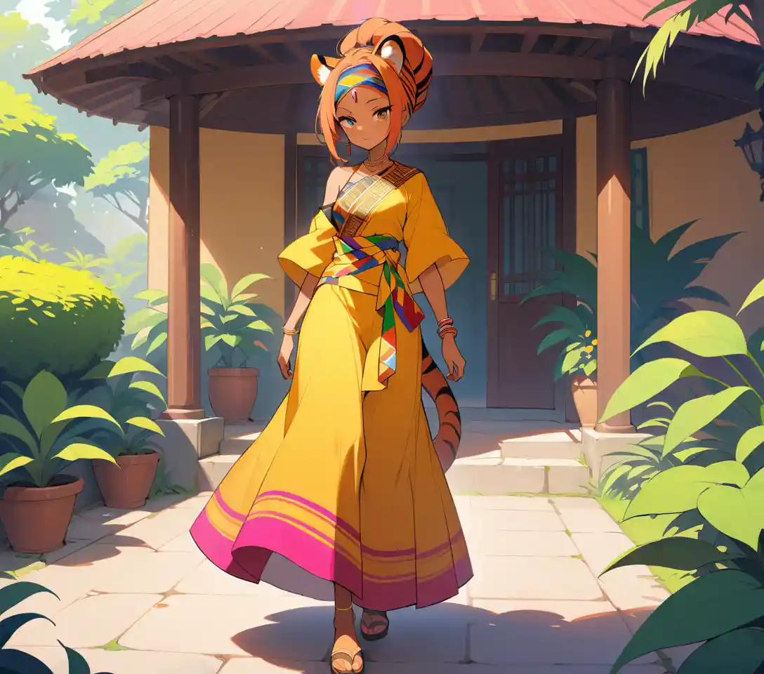 Regal African queen with tigress features in sunlit garden