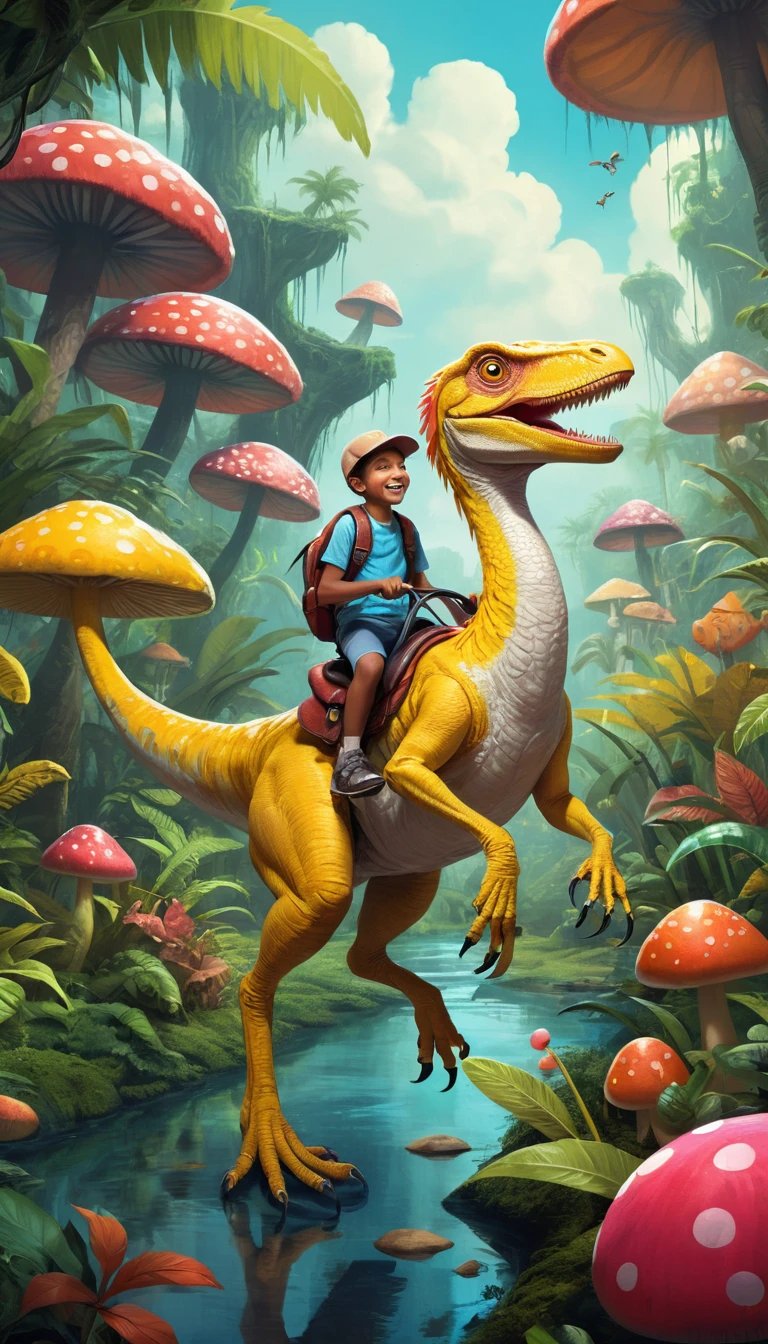 Kind reitet auf einem Dinosaurier in einem bonbonfarbenen Fantasiedschungel