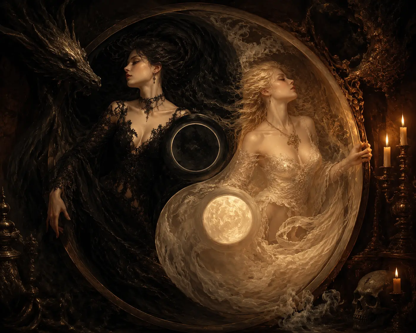 Baroque dark fantasy yin yang symbol in candlelit shadows