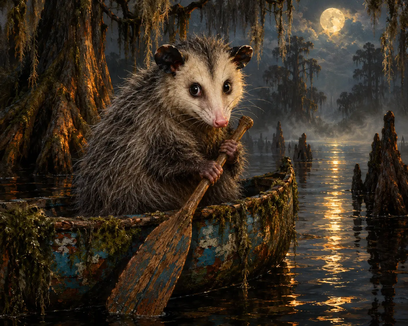 Opossum dans une Canoë Antique au Clair de Lune dans le Marais