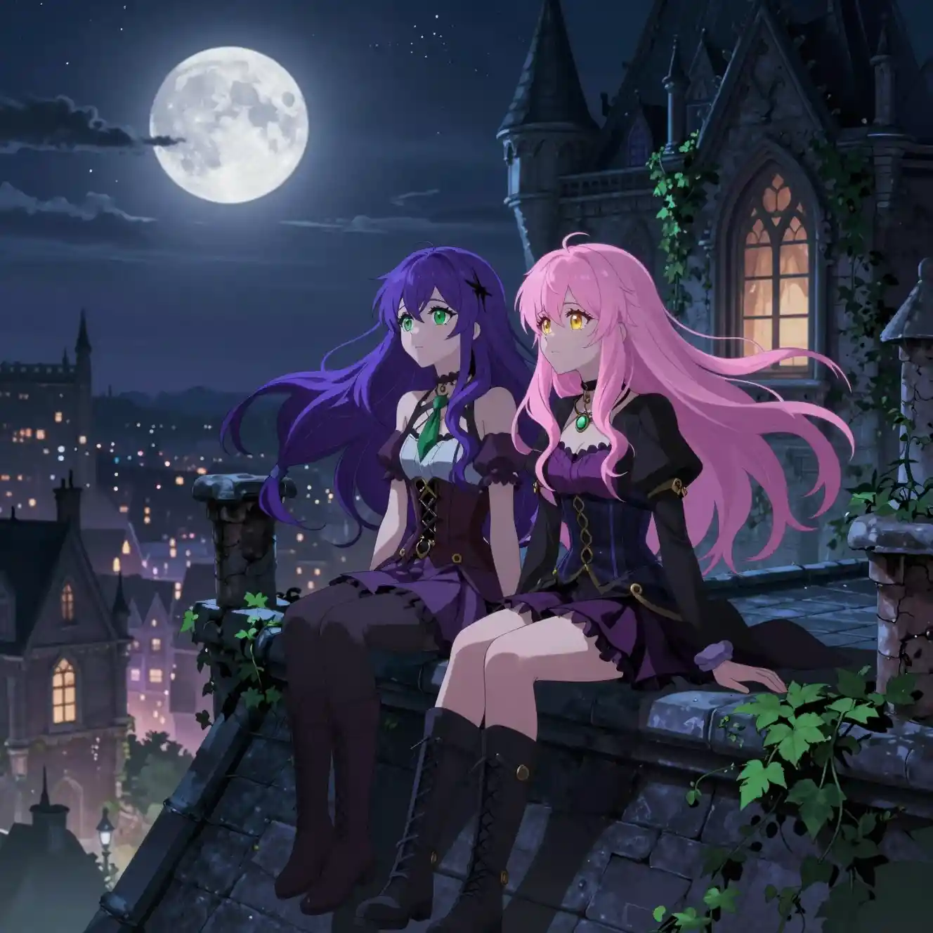 Two anime vampire girls on a gothic rooftop at midnight