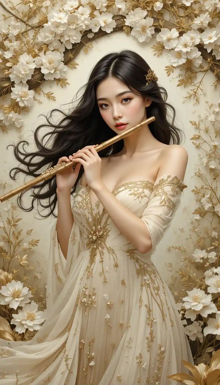 盛開樹下吹奏長笛的優雅女子