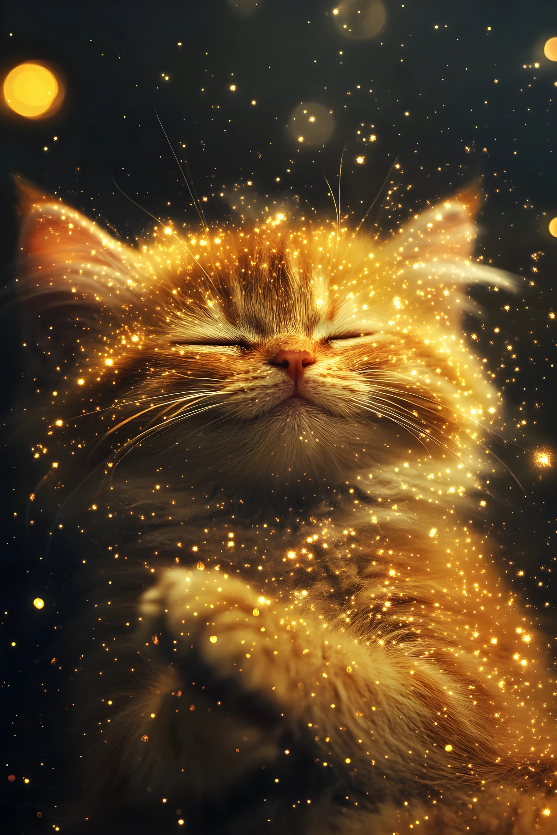 Gatto galattico sorridente con pelliccia stellata luminosa e zampa alzata