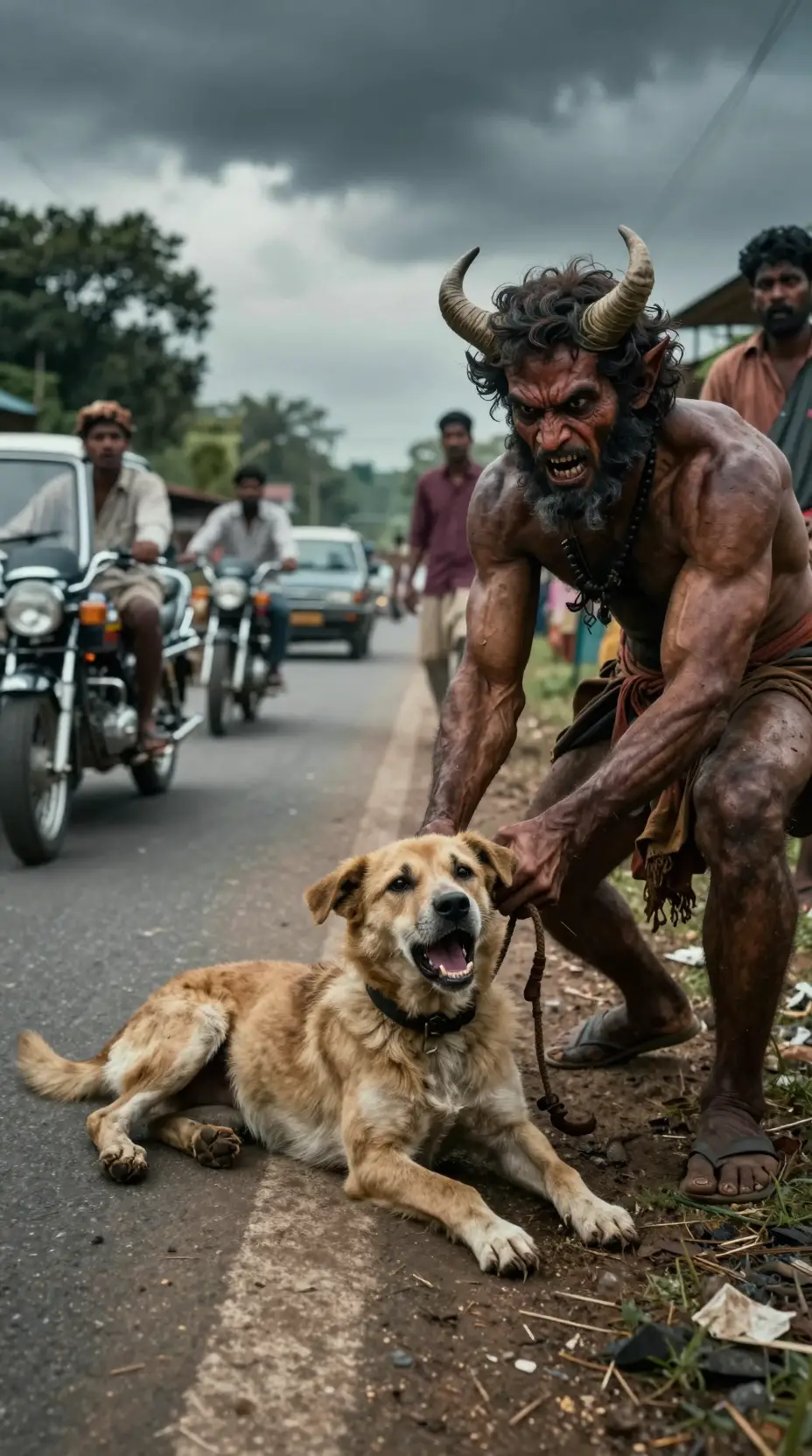 村道近くで角の生えた悪魔に引きずられる怯えた野良犬