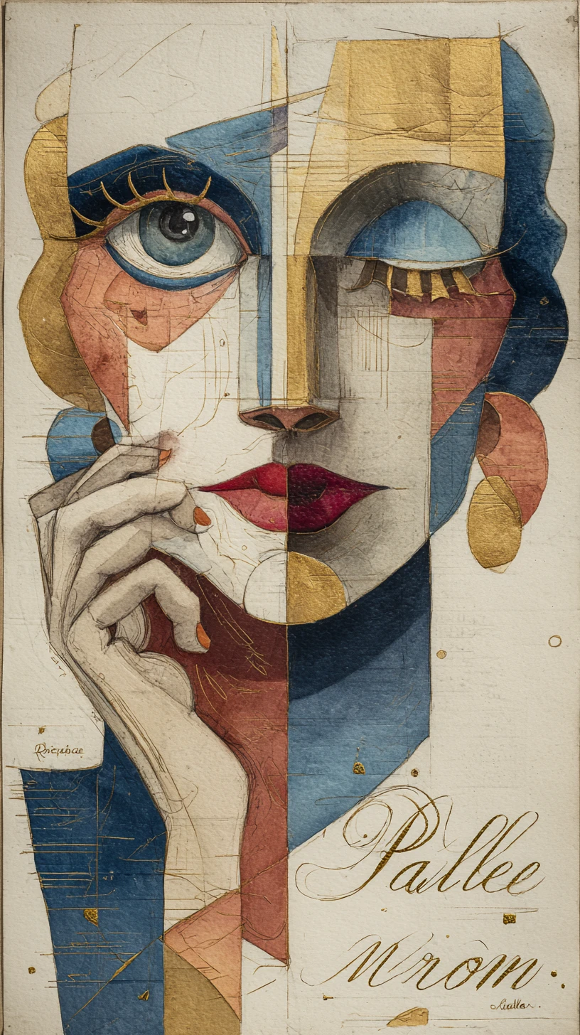 Retrato cubista de mulher com rosto fragmentado e detalhes dourados