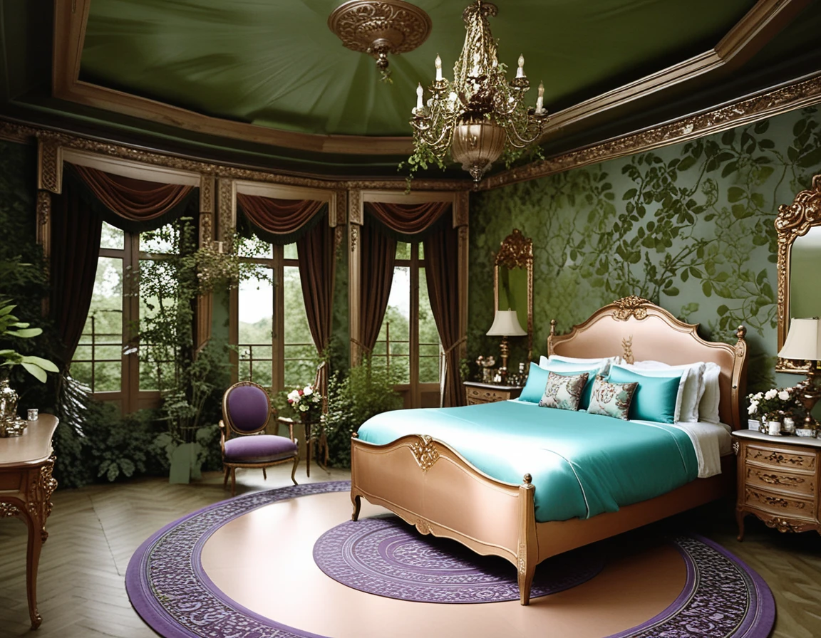 Luxuriöses Vintage-Schlafzimmer mit geschnitztem Bett und Kronleuchter